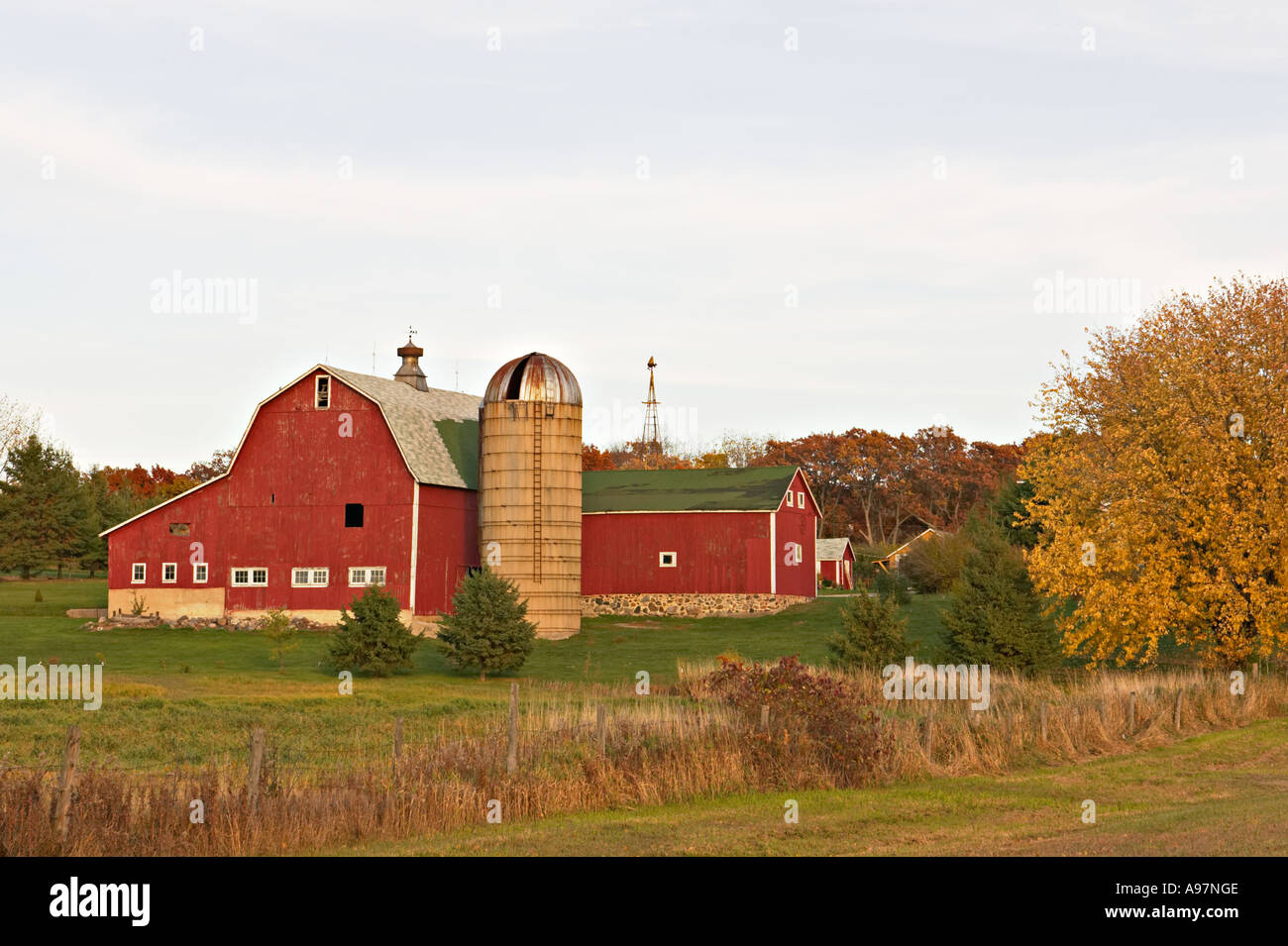 Wisconsin Kenosha County Red Barn With White Trim Stone Foundation