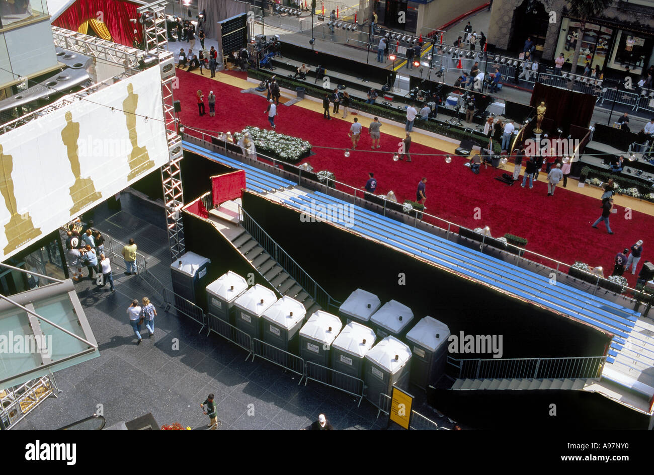A view from above the red carpet on which stars will walk toward the Kodak Theatre for the Academy Awards ceremonies Stock Photo