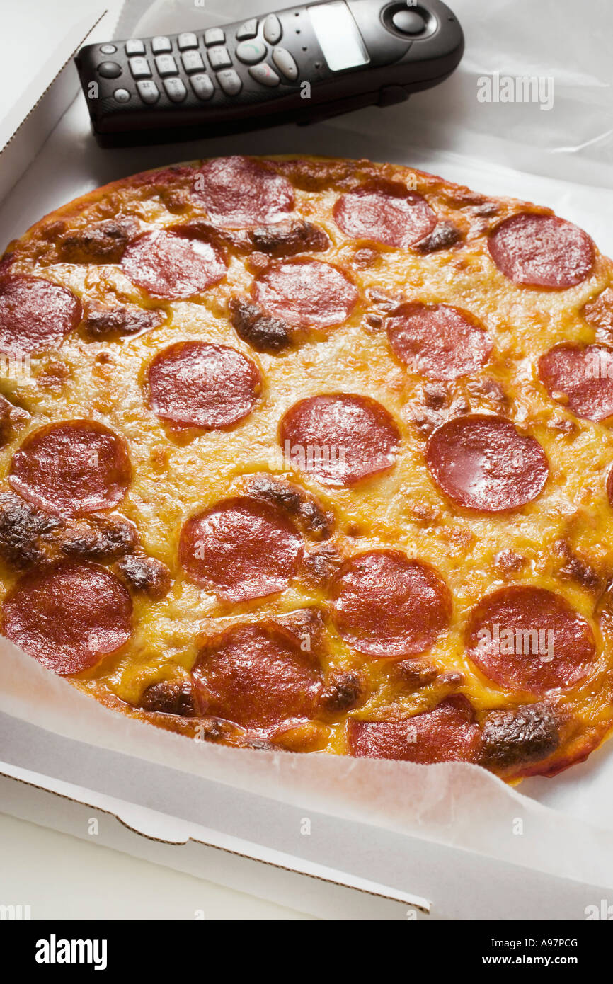Whole salami and cheese pizza in pizza box with telephone