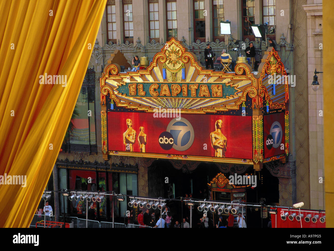 Awning above movie theatre El Capitan used for outdoor television coverage of Academy Awards on Hollywood Boulevard Stock Photo