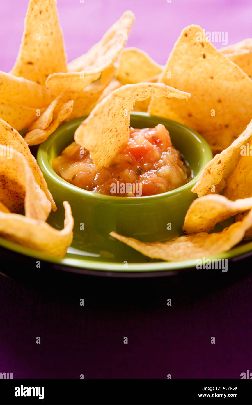 Tortilla chip dipped in tomato salsa 2 FoodCollection Stock Photo Alamy