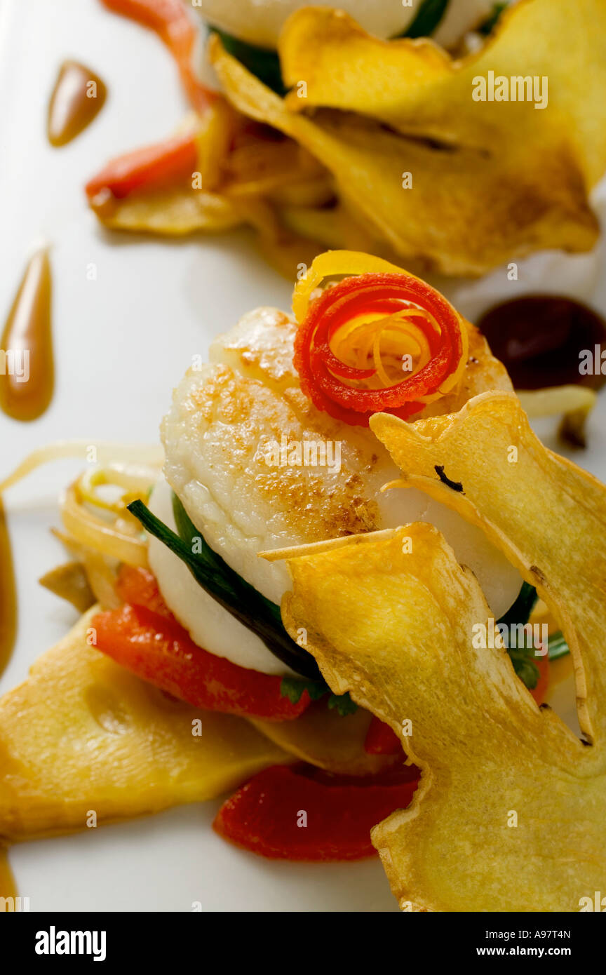 Scallops with deep fried ginger close up FoodCollection Stock Photo Alamy