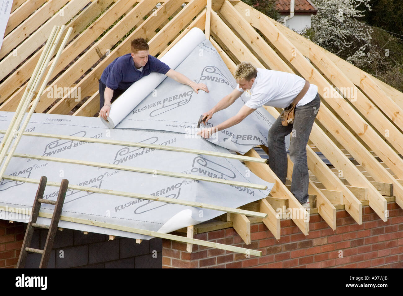 builders fitting roofing felt membrane to a new roof Stock Photo