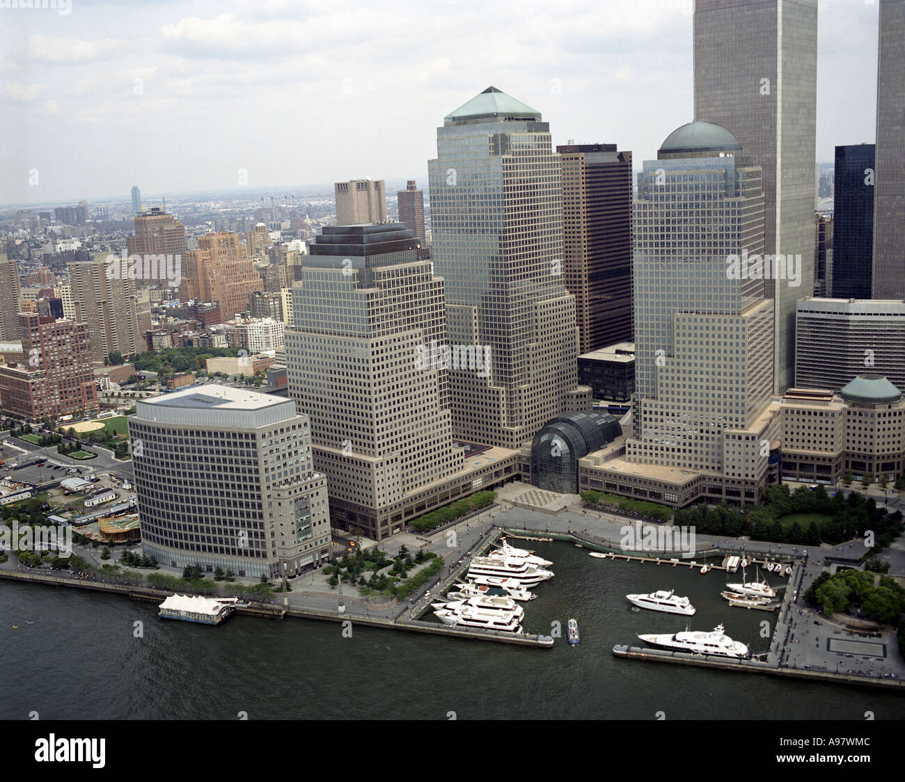 Aerial view of marina on Hudson River, near the World Trade Center, Manhattan, New York City, U.S.A. Stock Photo