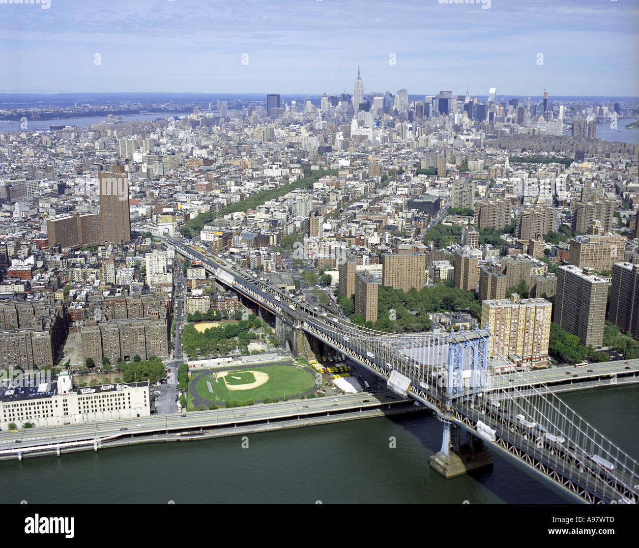 Aerial view of the Manhattan Bridge, located on the East River, New York City, U.S.A. Stock Photo