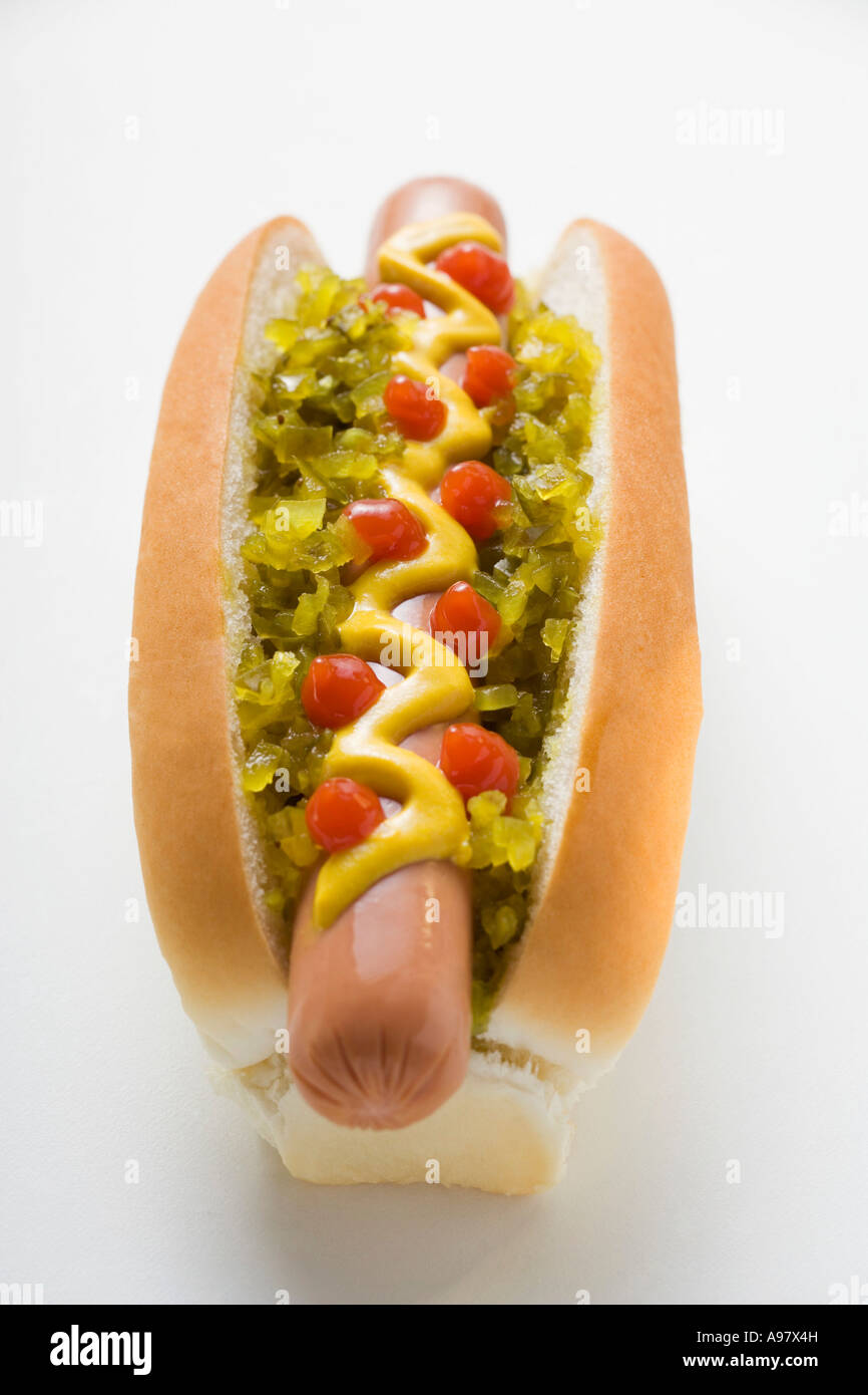 Hot dog with relish mustard and ketchup FoodCollection Stock Photo