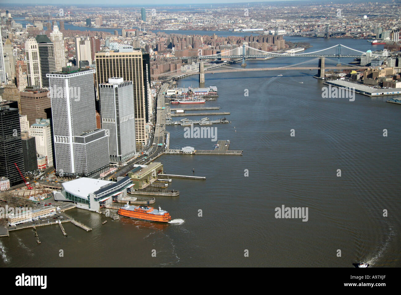 Aerial view of lower Manhattan and East River, New York City, U.S.A ...