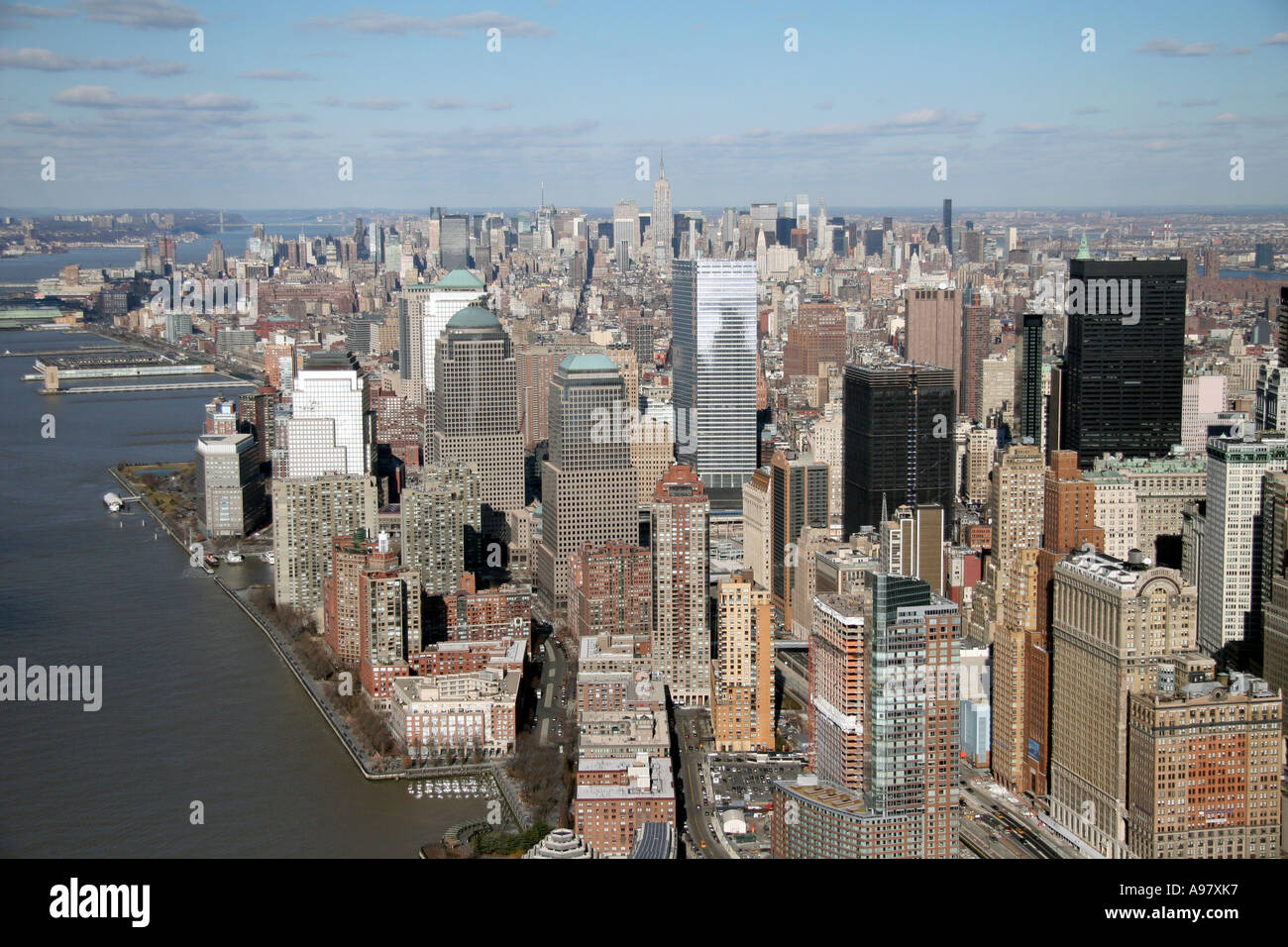 Aerial view of lower Manhattan and the Hudson River, New York City, U.S ...