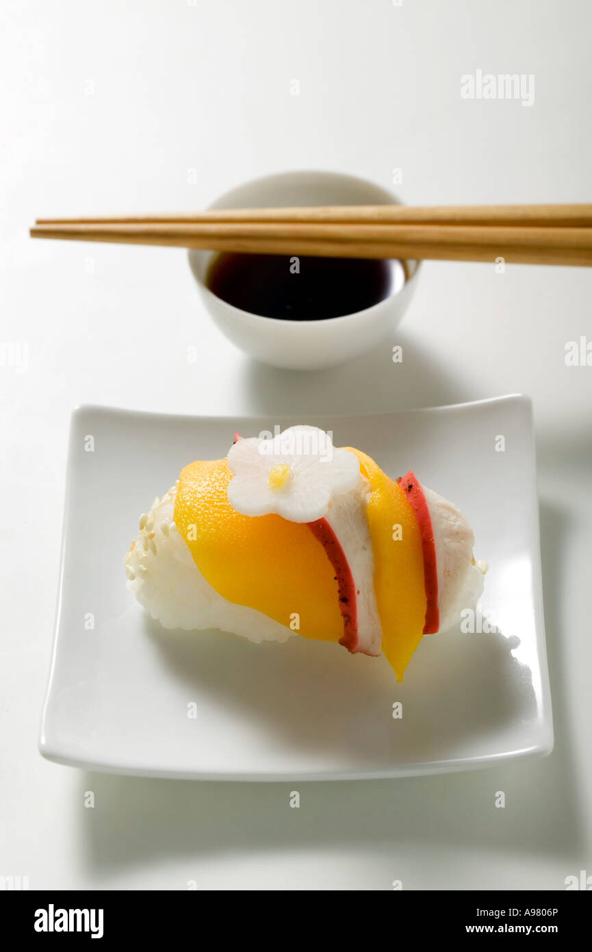 Nigiri sushi with chicken and mango FoodCollection Stock Photo - Alamy