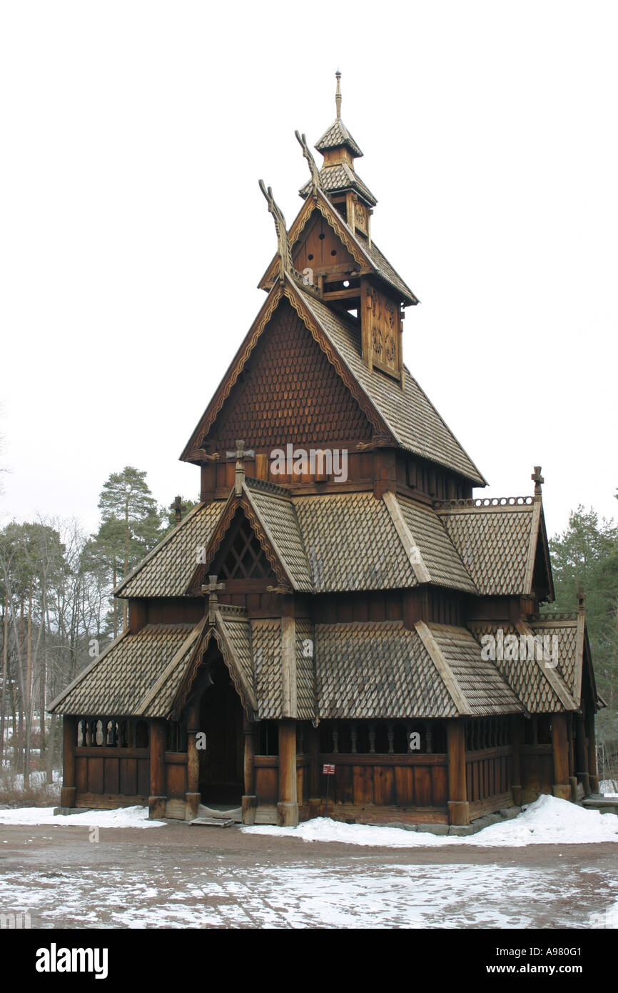 The restored Stave Church in Bygdoy Oslo. Stock Photo