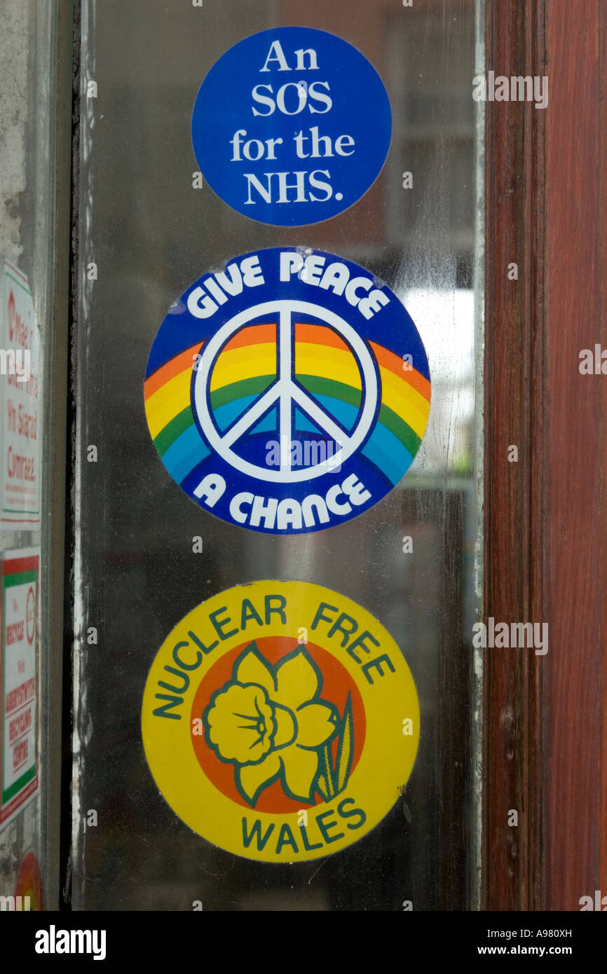 Stickers in a cafe window, Aberystwyth, Wales. Stock Photo