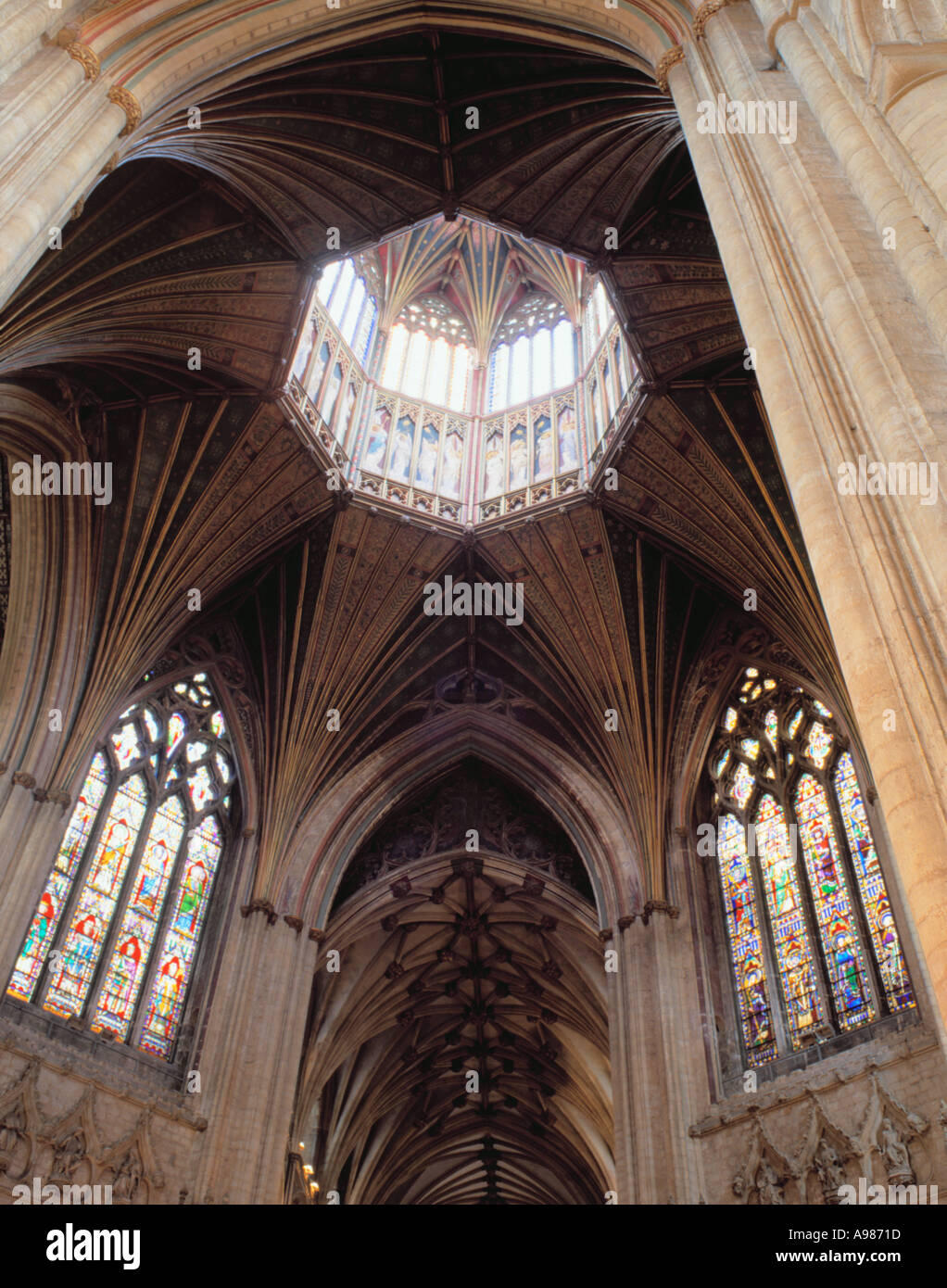 Stained glass windows and the Central Octagon of Ely Cathedral, Ely, Cambridgeshire, England, UK. Stock Photo
