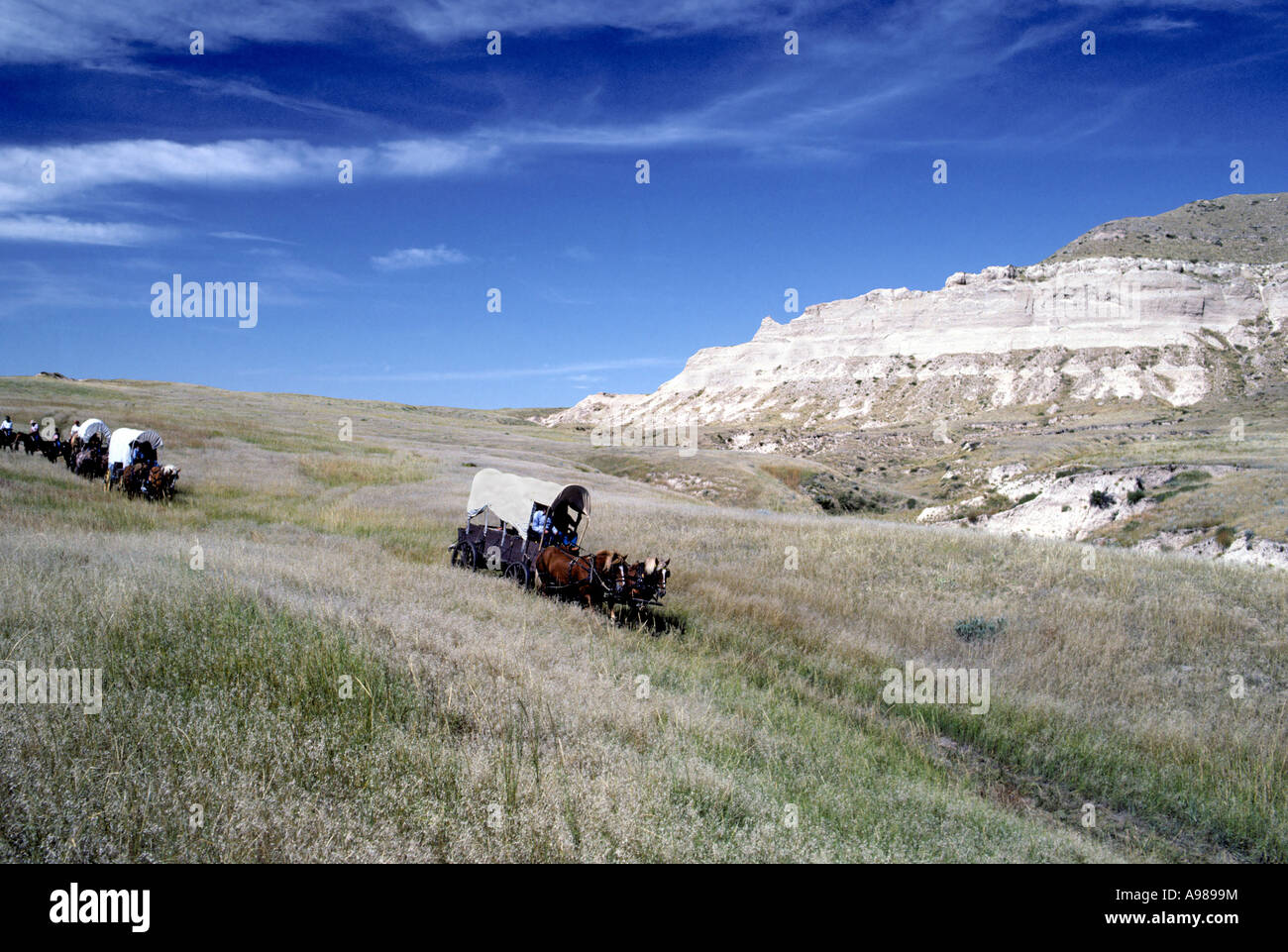 OREGON TRAIL WAGON TRAIN" CROSSES THE NEBRASKA PRAIRIE NEAR BAYARD