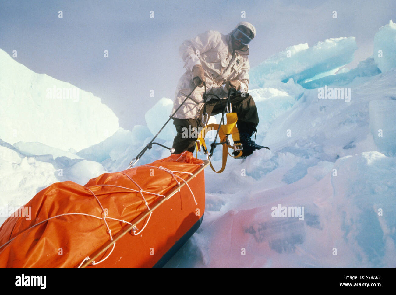 Ranulph Fiennes manhauling a sledge North Pole Unsupported Expedition 1990 Stock Photo