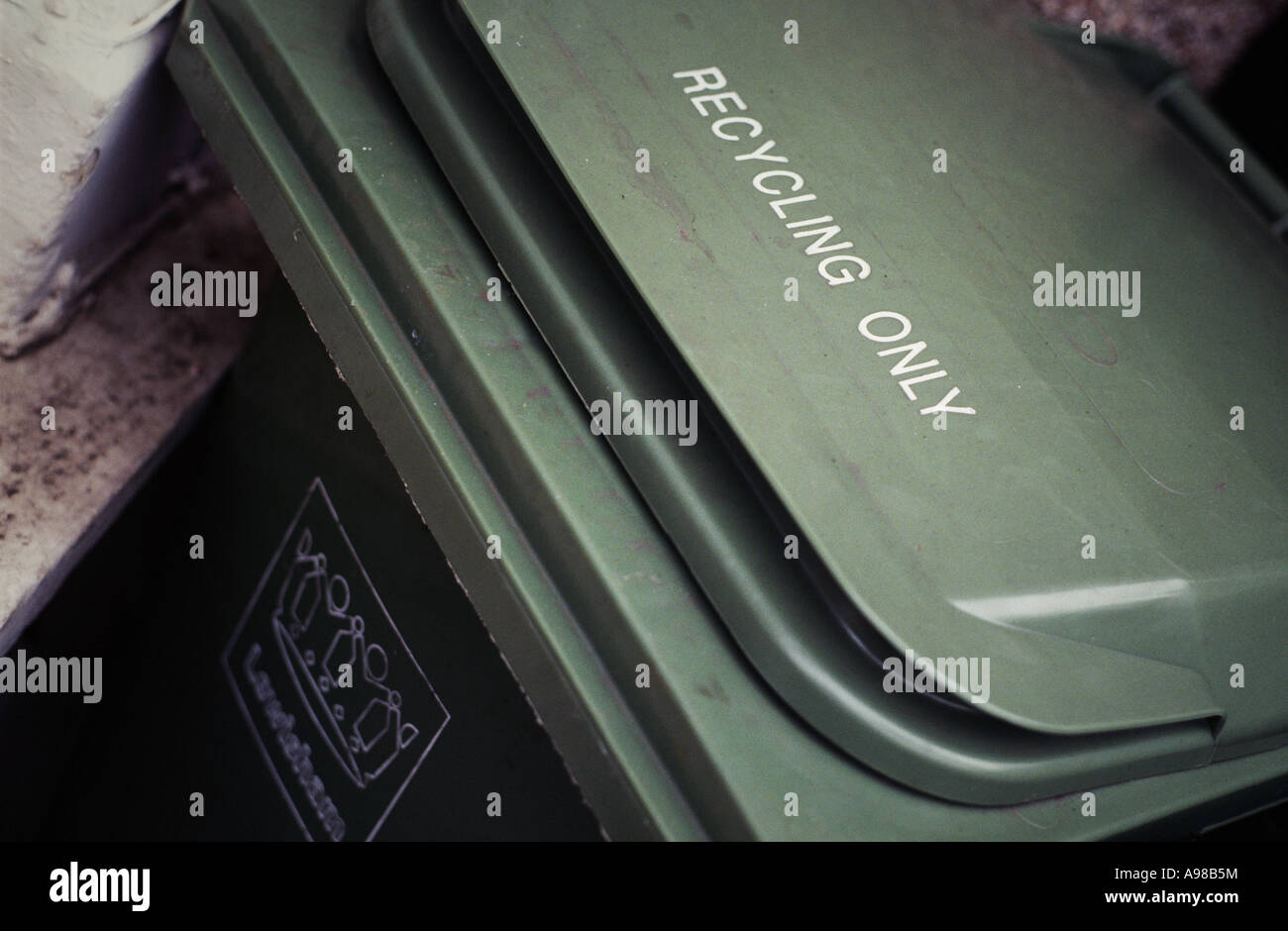 a green recycling wheelie bin saying 'recycling only', Lewisham, London