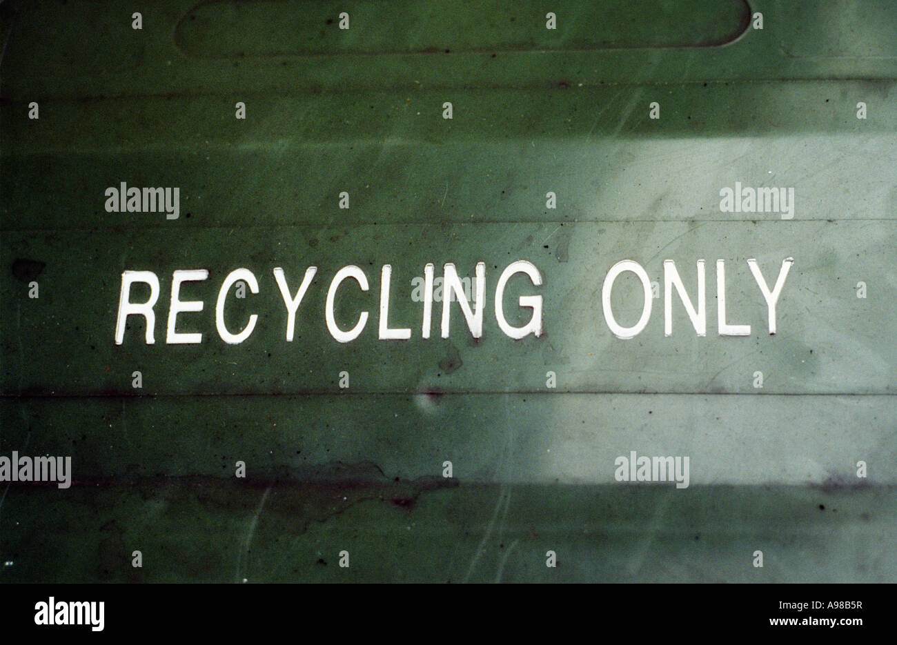 a green recycling wheelie bin saying 'recycling only', Lewisham, London