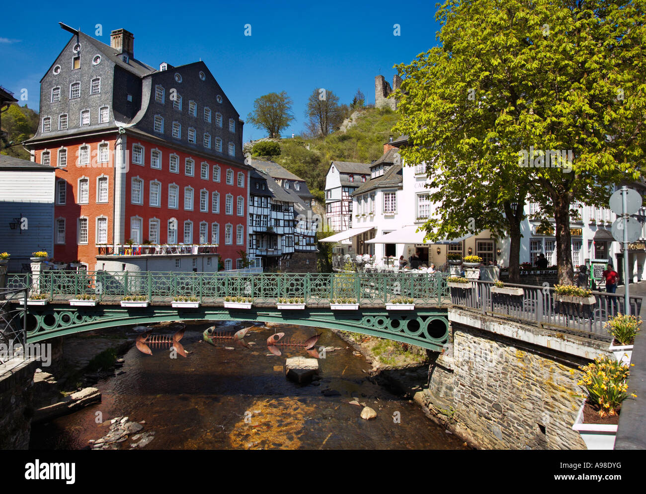 Rotes Haus on the River Rur at Monschau, Eifel Region, Germany Stock Photo