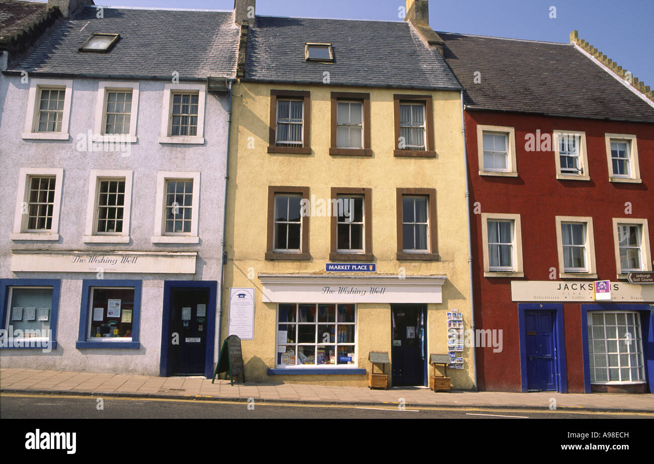 Old houses in Jedburgh town centre and shops on Market Place Scottish