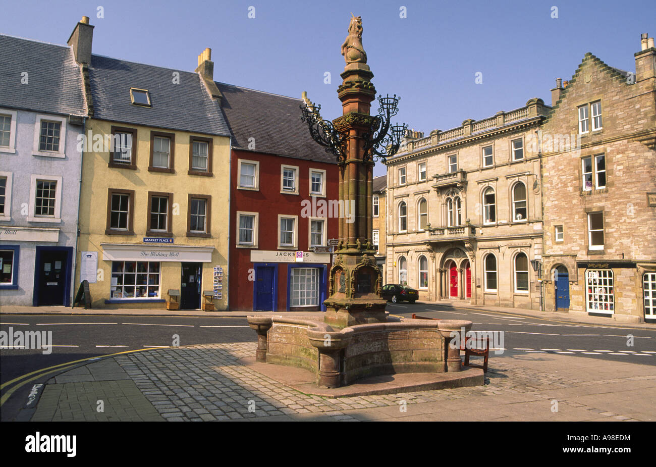 Old Houses And Mercat Cross In Jedburgh Town Centre And Shops On Market ...