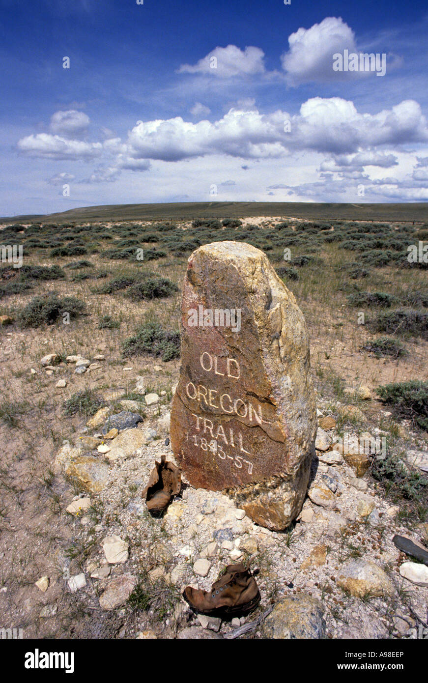 OREGON TRAIL MARKER NEAR SOUTH PASS, WYOMING. SUMMER. Stock Photo