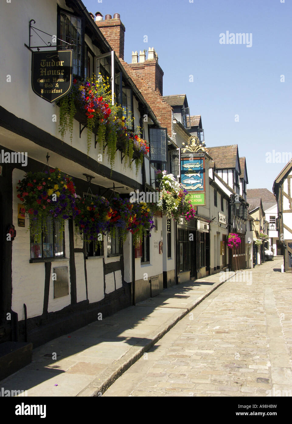 Mediaeval Buildings in Fish Street, Shrewsbury, Shropshire, England, UK, Great Britain, England UK Stock Photo