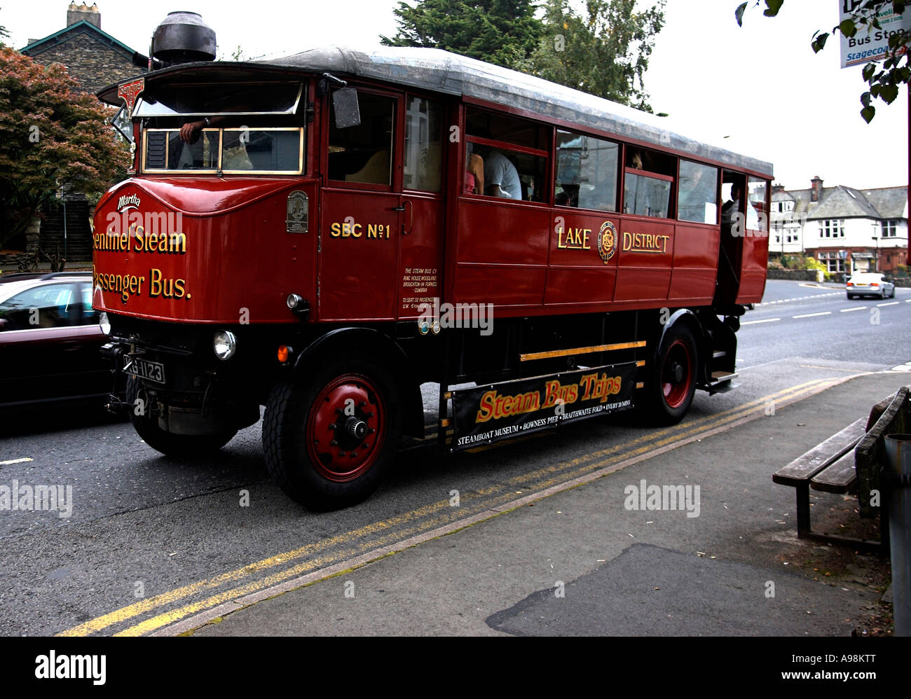 BownessonWindermere Cumbria UK Coal fired steam bus Martha on its