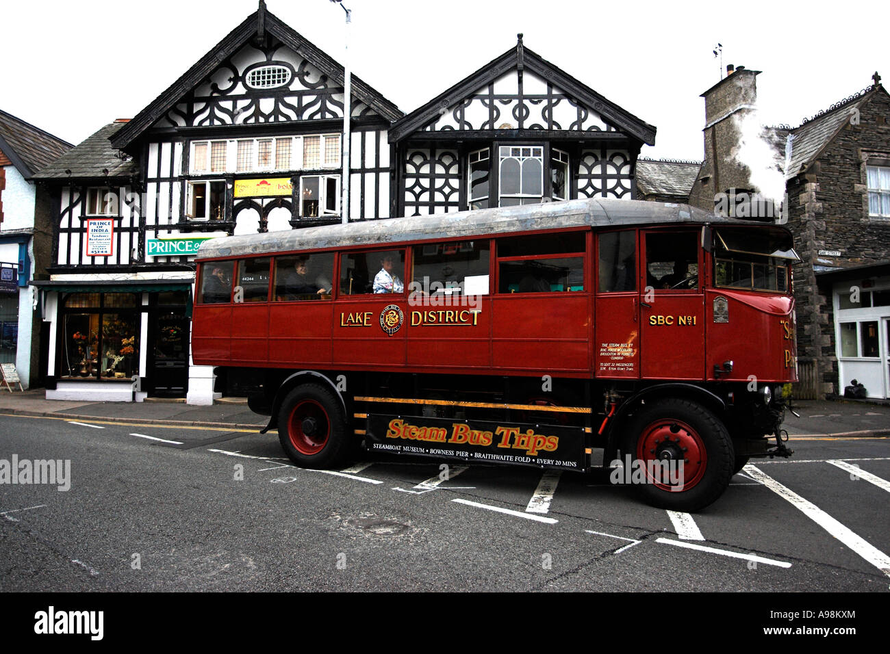 BownessonWindermere Cumbria UK Coal fired steam bus Martha on its