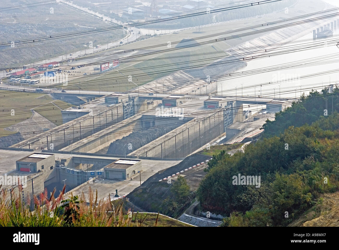 CHINA YANGTZE RIVER SANDOUPING View of the Three Gorges Dam site and locks Stock Photo