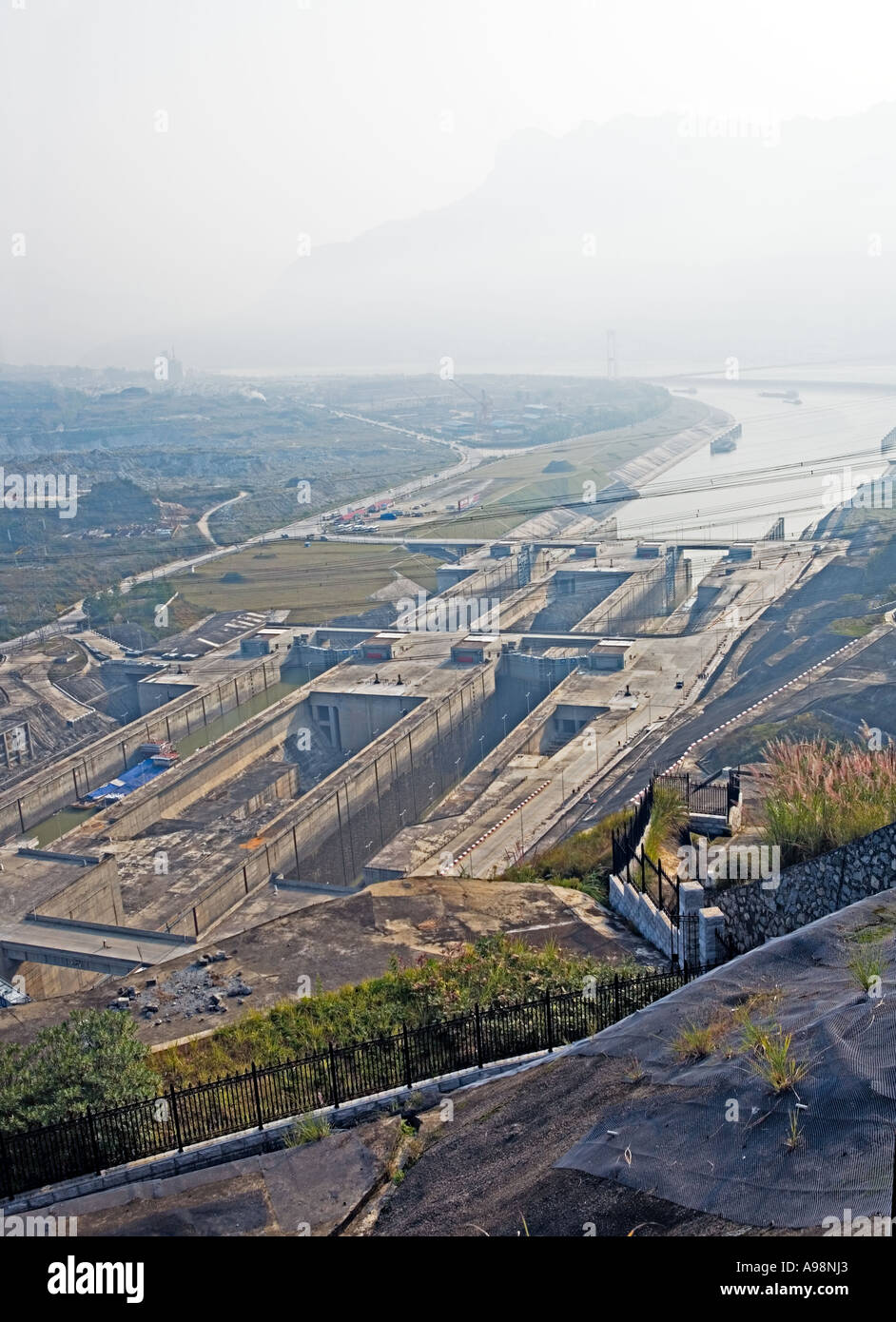 CHINA YANGTZE RIVER SANDOUPING Aerial view of the locks at the Three Gorges Dam site Stock Photo