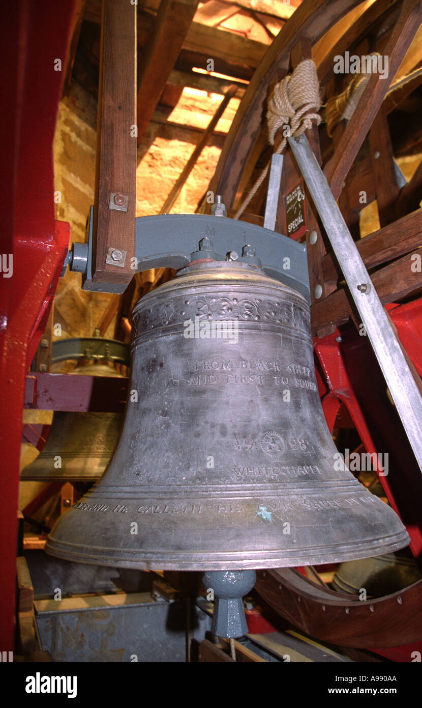 Black Sheep bell inside the belfry at Masham church Stock Photo