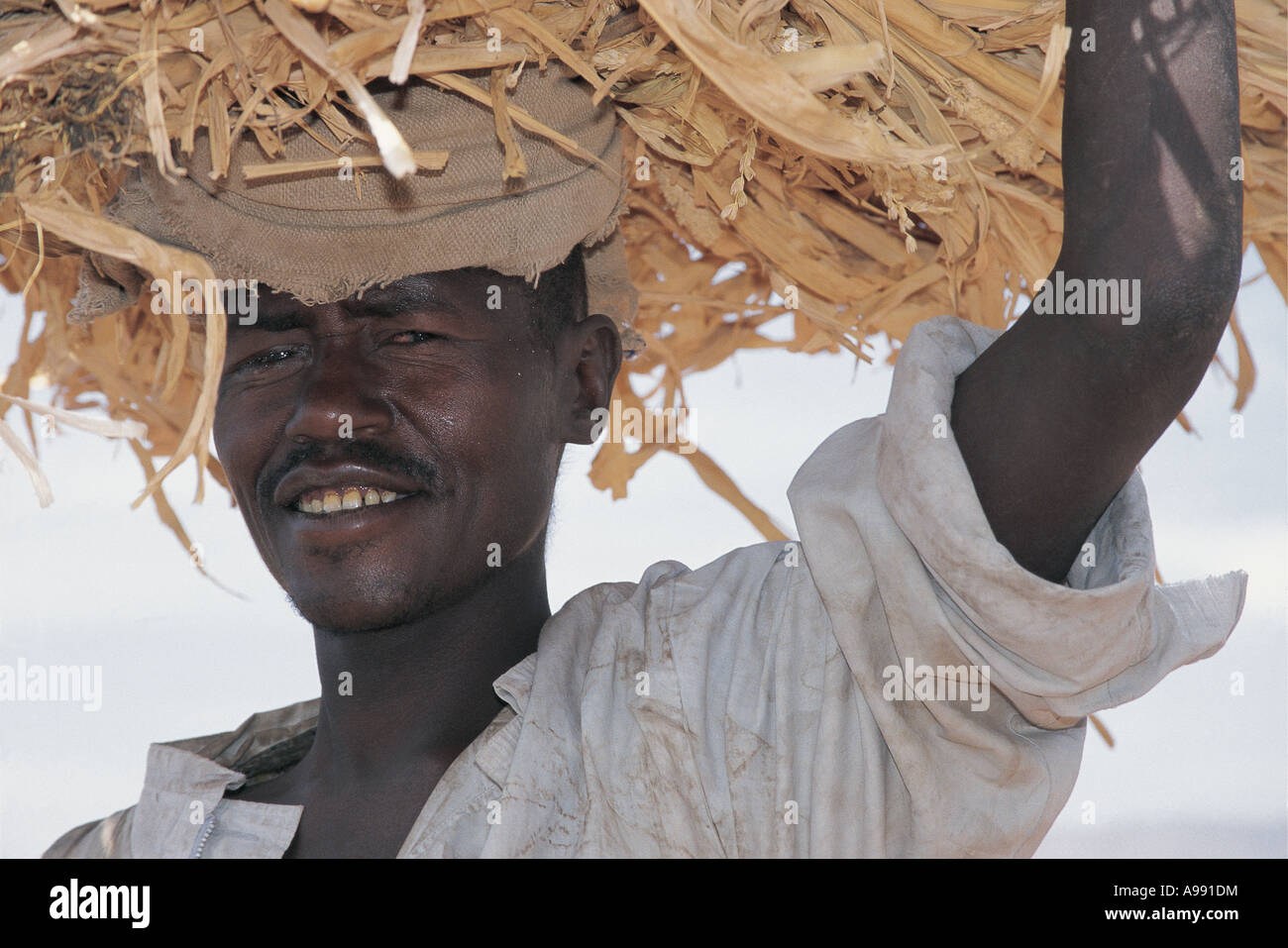 Farmer carrying heavy head load of maize stalks Konso Ethiopia Stock Photo