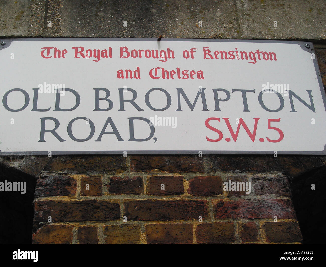 Old Brompton Road London SW5, The Royal Borough of Kensington and Chelsea, street and road sign, South Kensington, London, Engand, United Kingdom Stock Photo