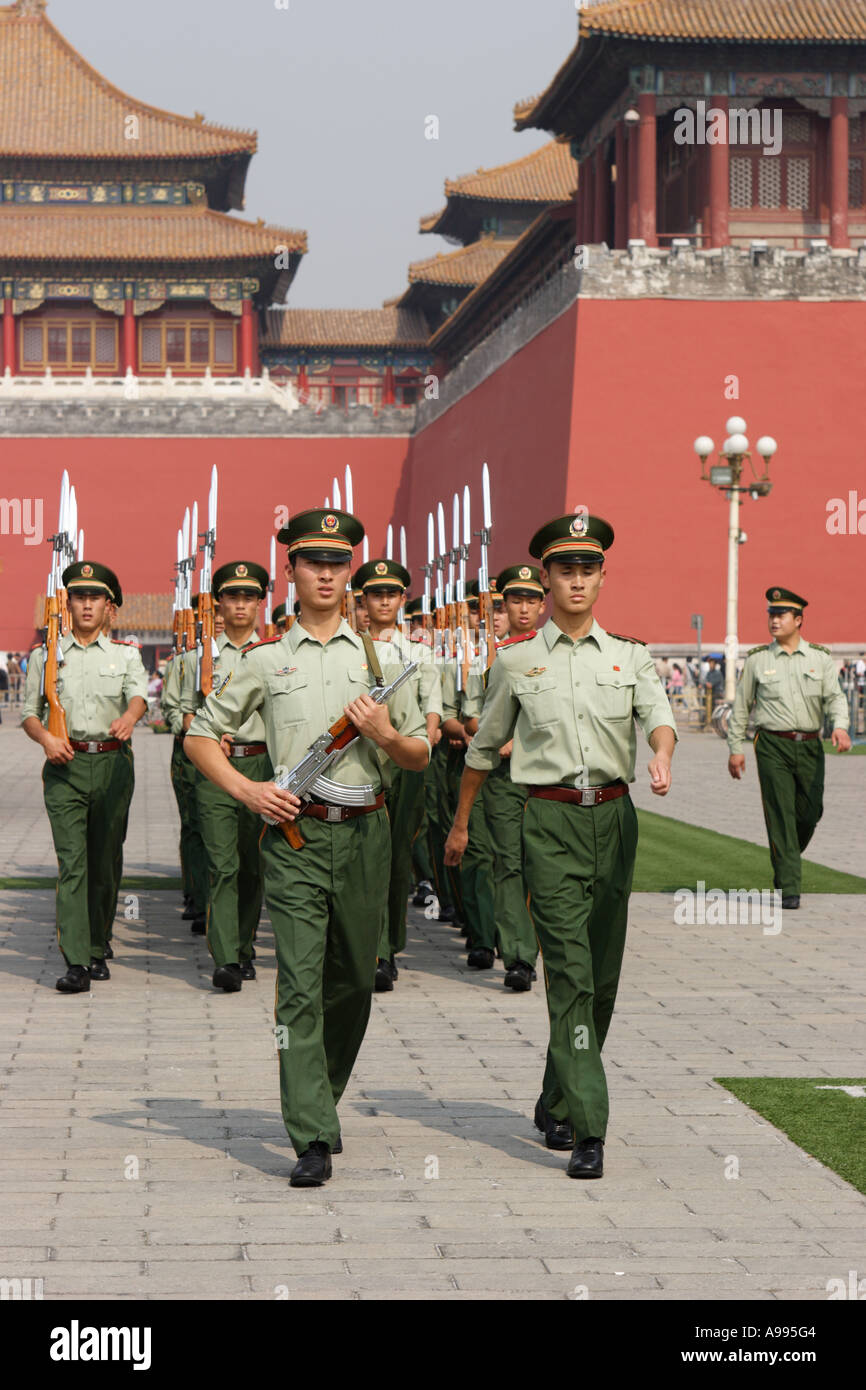 Red Guard Soldiers Marching Outside Meridian Gate Beijing China Stock Photo