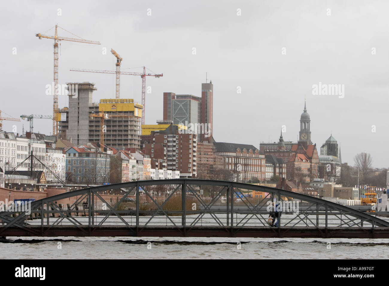 The high level of water in the River Elba after a force storm at traditional fish market area Fischmarkt in Hamburg Stock Photo