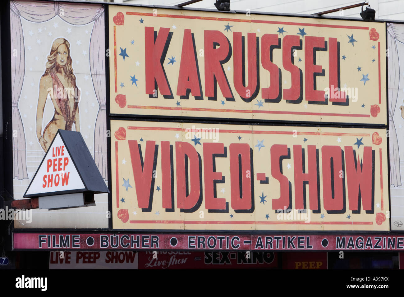 Sign Karussel Video Show on the Reeperbahn, Hamburgs red light district Stock Photo