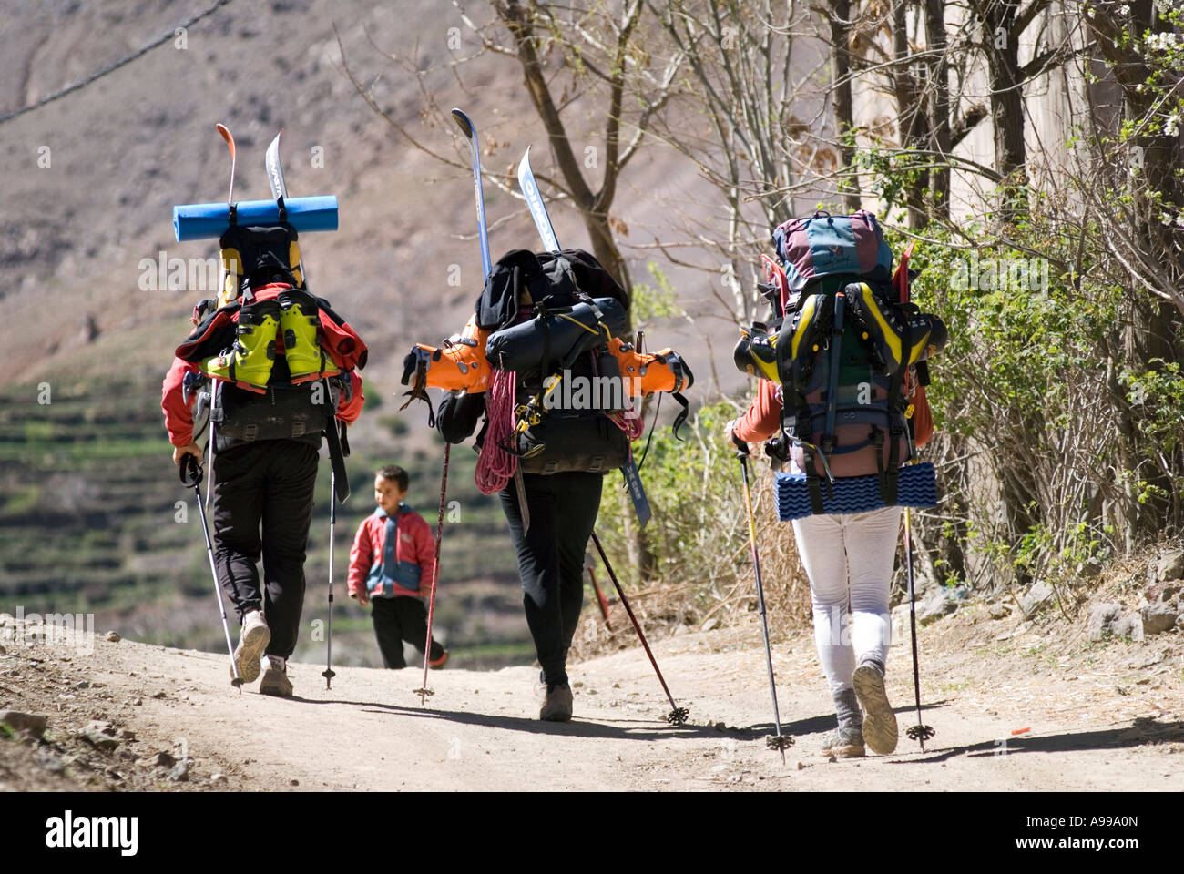 Ski trekkers with mules on the trail to Jebel Toubkal in the High Atlas Mountains of Morocco Stock Photo