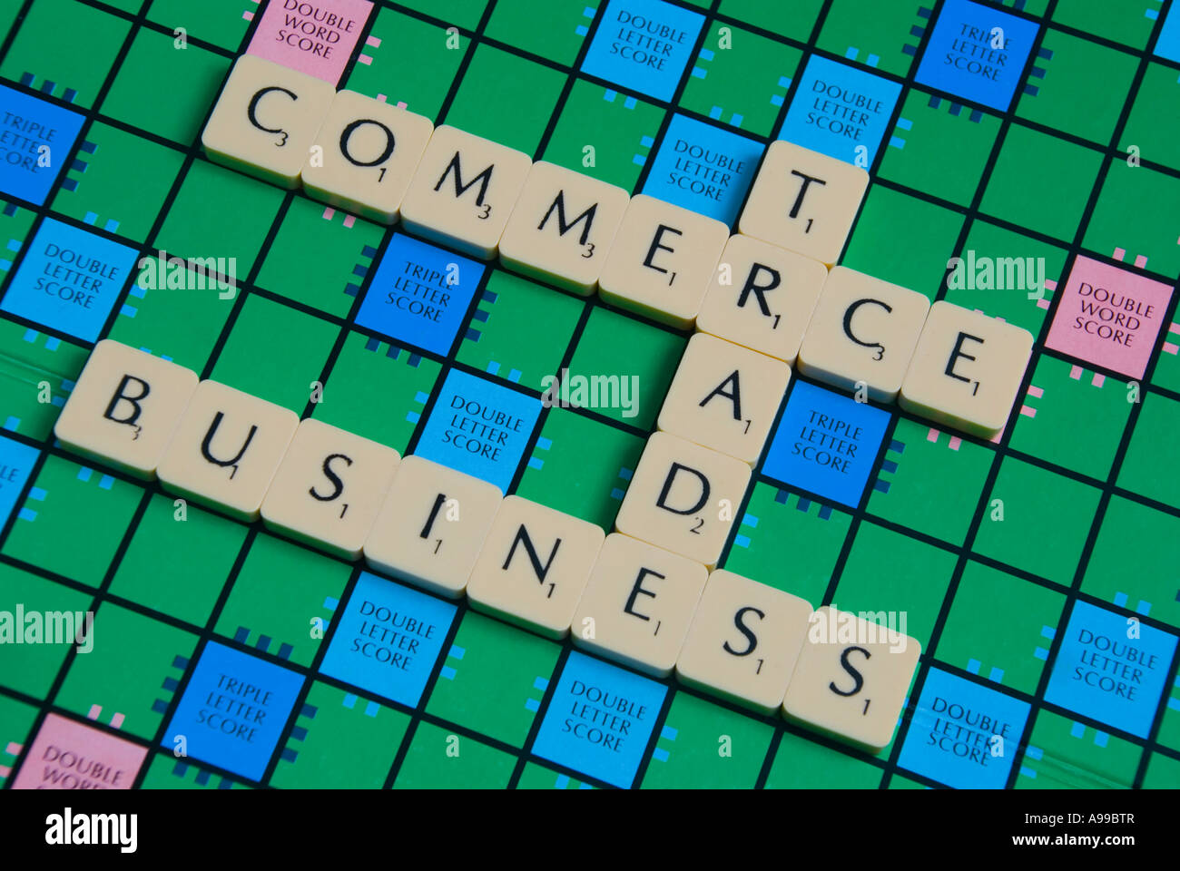 Scrabble letters spelling out business commerce and trade concepts