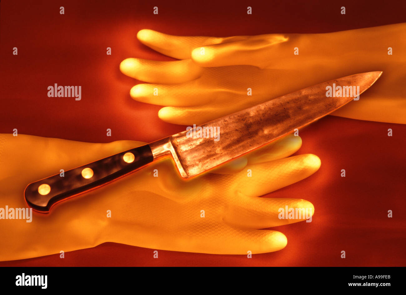 kitchen knife and rubber gloves Stock Photo Alamy