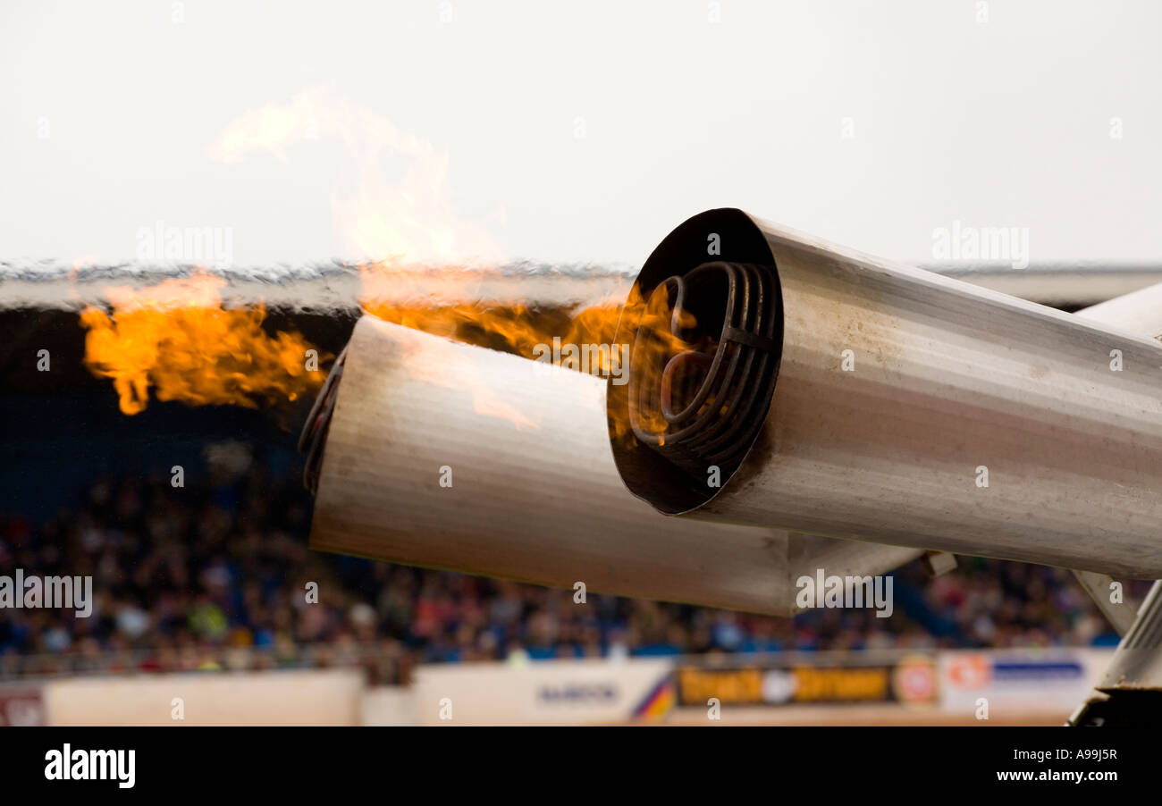 Gas flames from the twin exhausts of Patrick Bourny's Wheelie truck at TruckFest, Peterborough, UK. Stock Photo