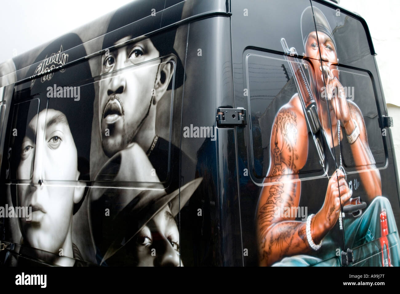 Black van with air brushed mural of rap artists, TruckFest, Peterborough, UK. Stock Photo