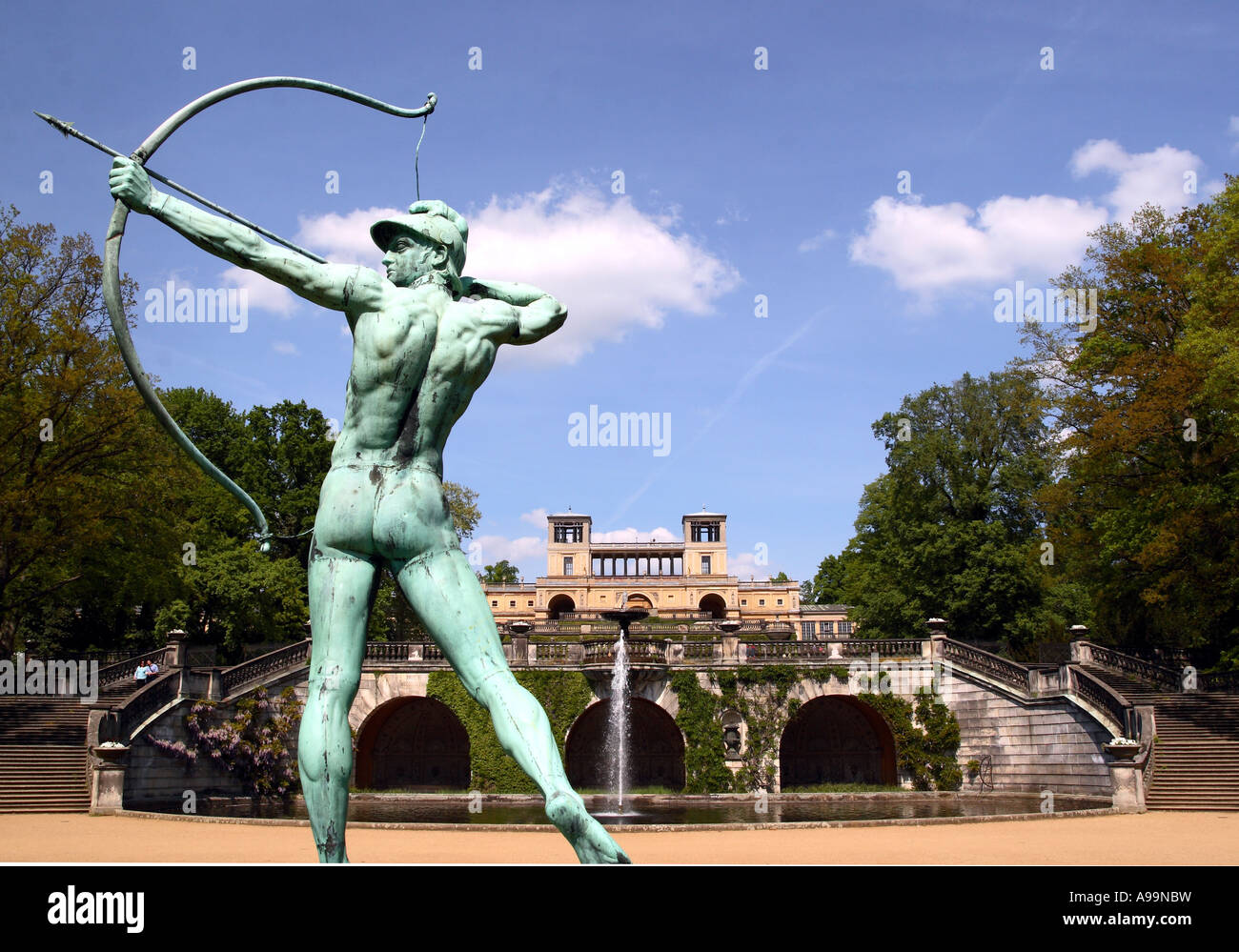 The statue of an archer in front of the Orangery in the grounds of
