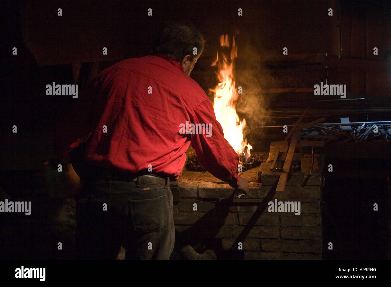 Arkansas AR USA Old Washington State Park Civil War Weekend Old style blacksmith in his workshop Stock Photo