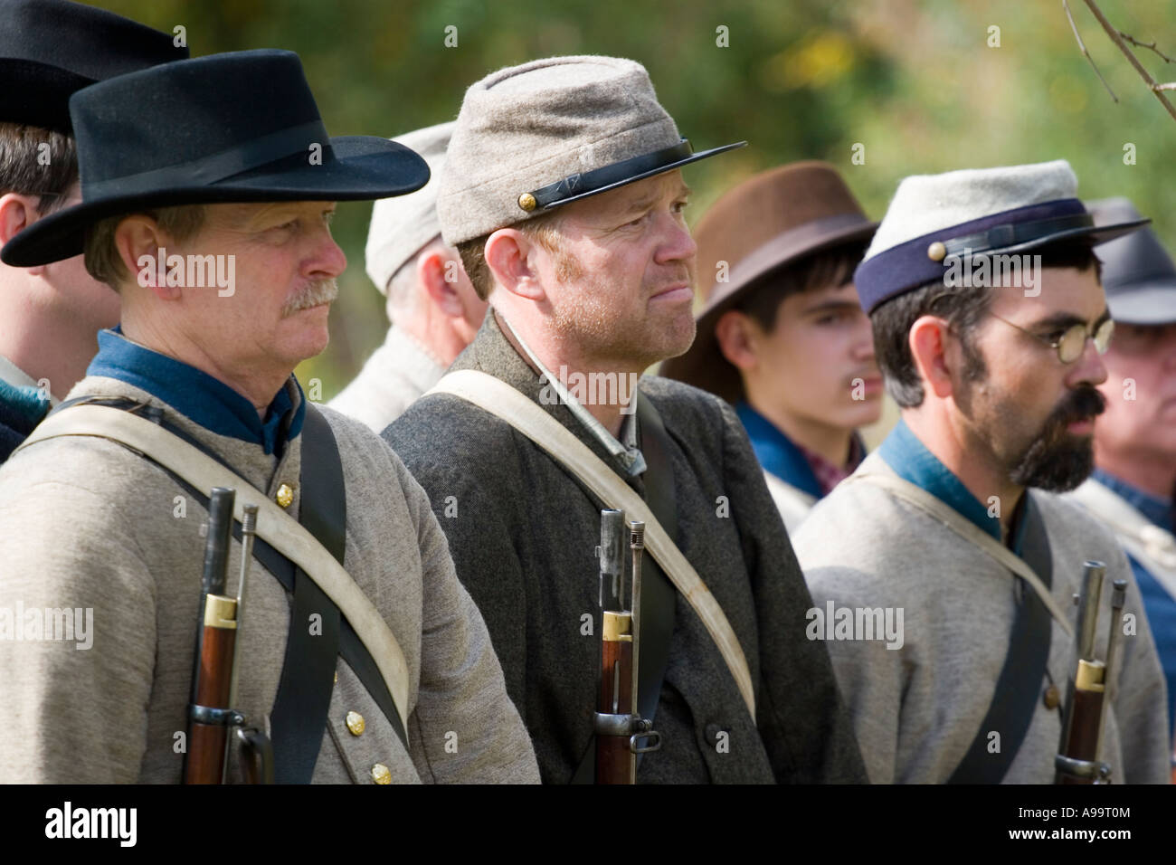 Arkansas AR USA Old Washington State Park Civil War Weekend Confederate soldiers marching to the battle Stock Photo