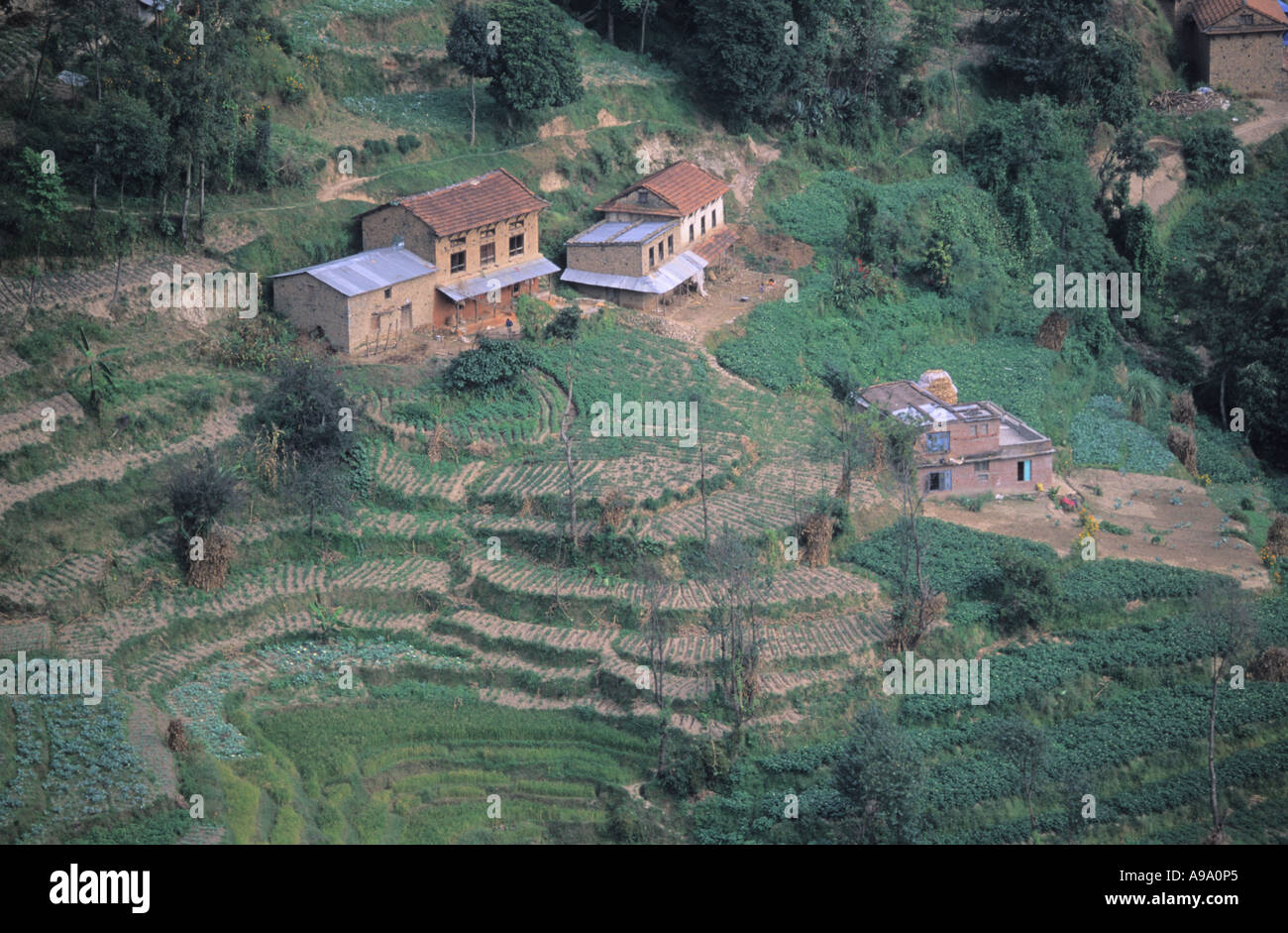 Nepali houses on hillside terraces in Kathmandu valley Nepal Stock