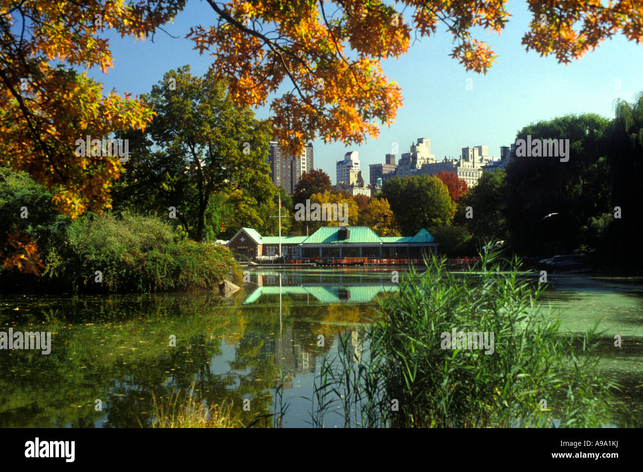 FALL FOLIAGE BOAT HOUSE BOATING LAKE CENTRAL PARK MANHATTAN NEW YORK ...