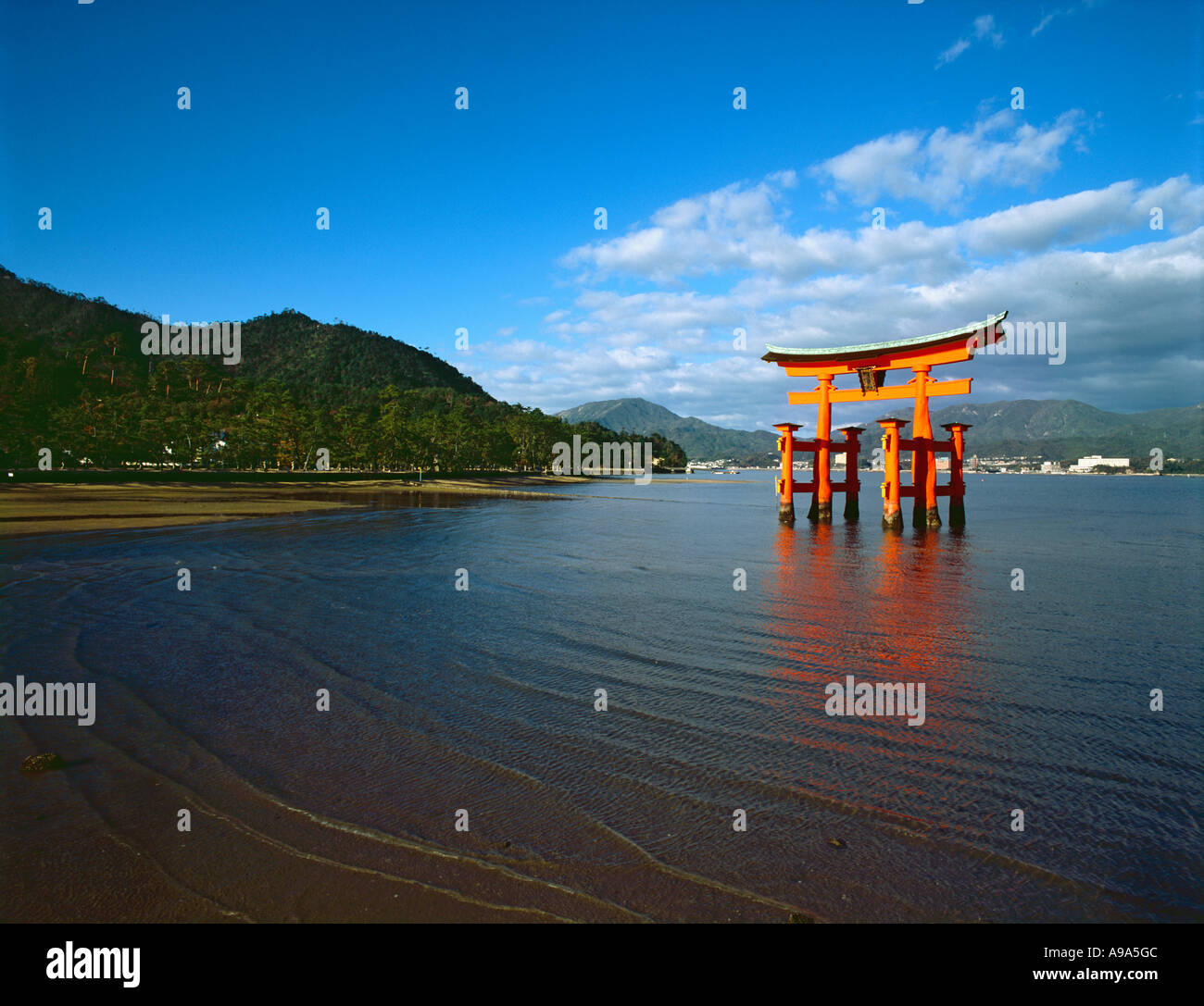 The bright red Sea gate of Miyajima temple Japan Stock Photo