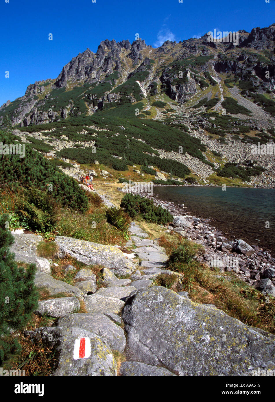 High Tatras Moutains and Black Pond Czarny Staw lake Tourist footpath in summer Stock Photo