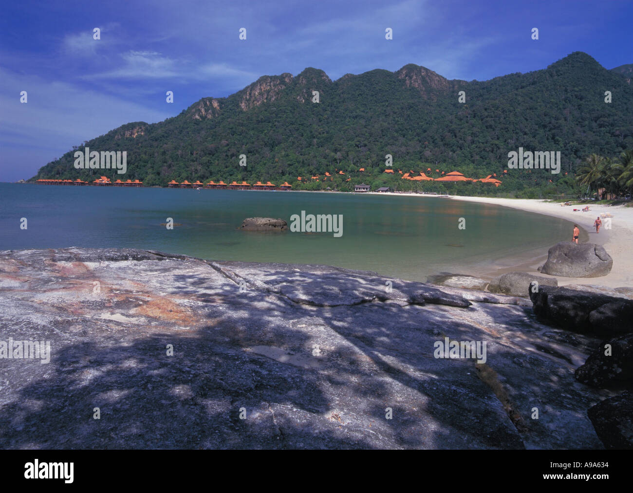 Malaysia Langkawi Kedah Burau Bay Berjaya Langkawi Beach Resort Hotel Tourists On Sand At Edge Of Calm Clear Sea Water Stock Photo Alamy