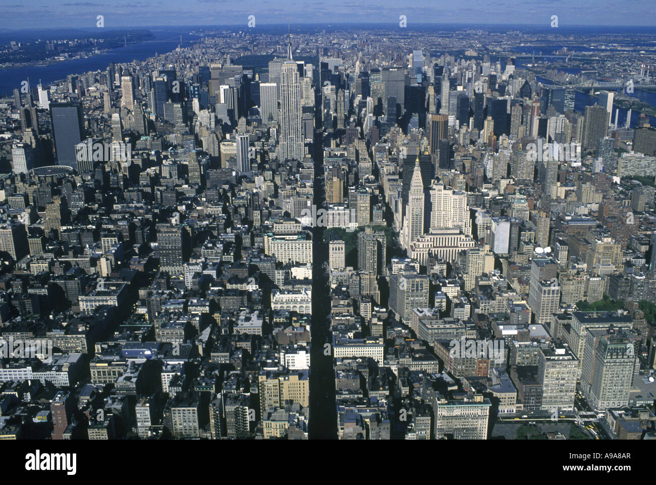 AERIAL OVER FIFTH AVENUE MIDTOWN SKYLINE MANHATTAN NEW YORK CITY USA ...