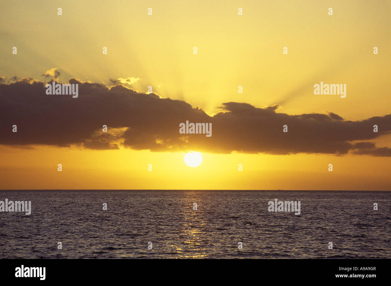 SUN IN YELLOW SKY OVER CALM SEA FIJI Stock Photo - Alamy